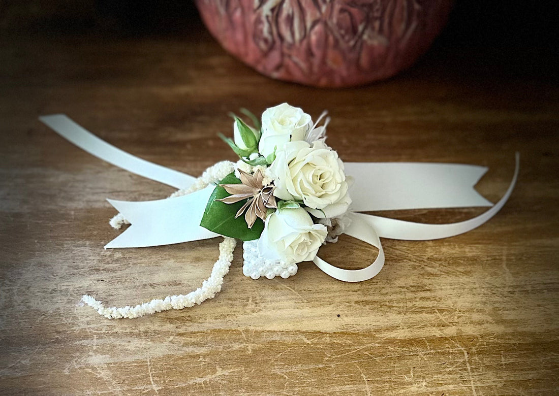 school formal corsage with white spray roses