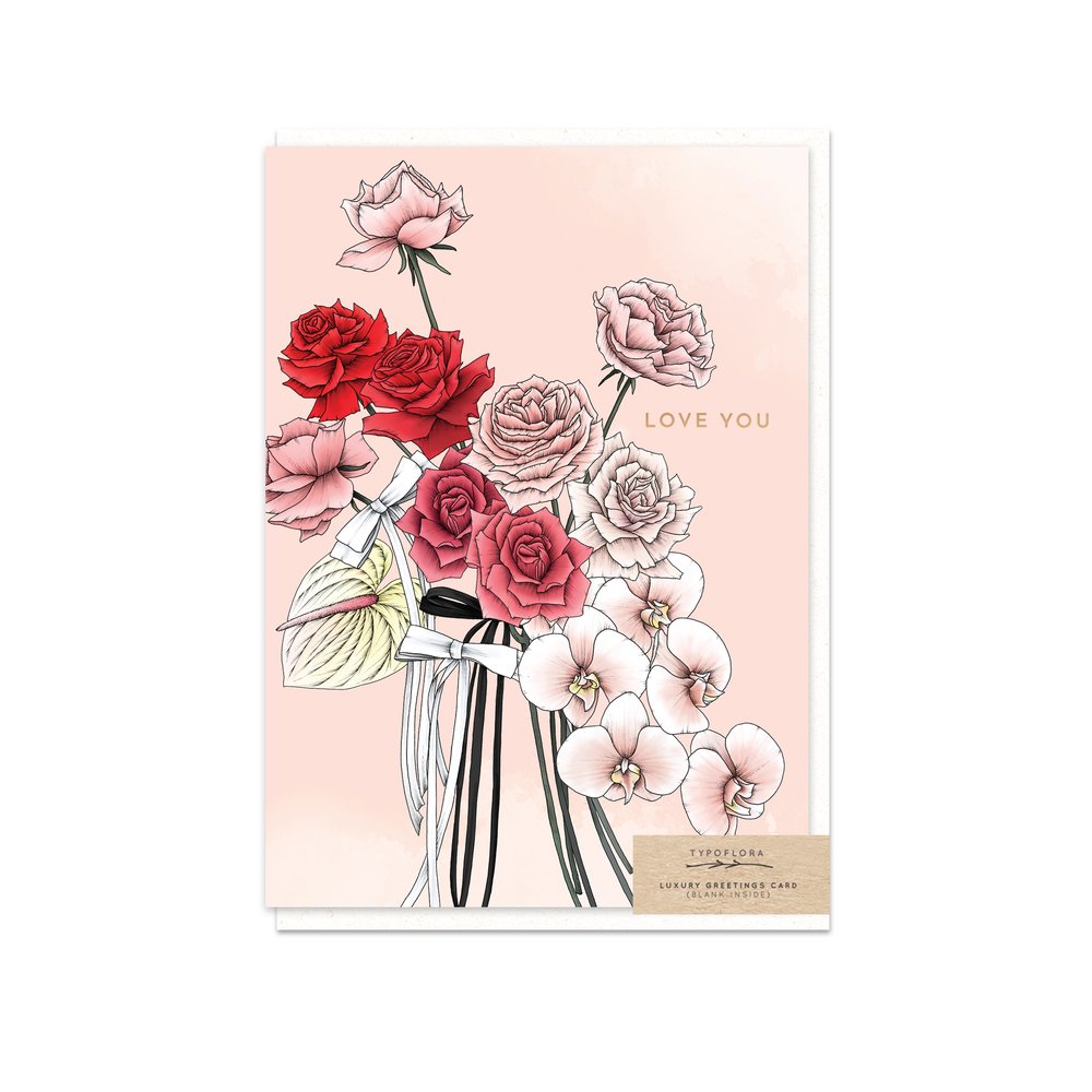 Roses and orchids on a greeting card with the words love you