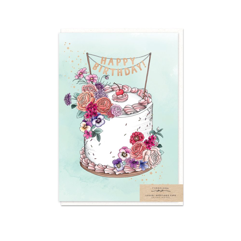 Birthday cake with cake flowers greeting card