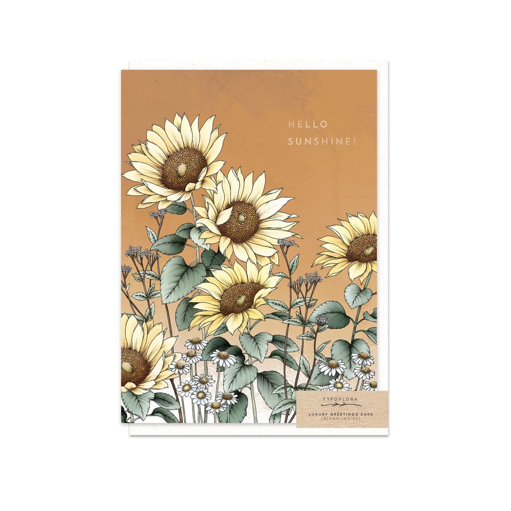 Sunflowers with the words hello sunshine on a greeting card