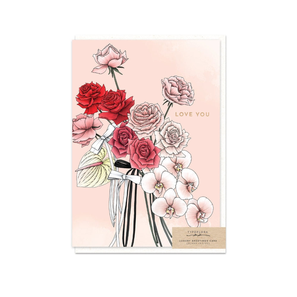 gift card with a bouquet of roses and orchids with the word 'love you'