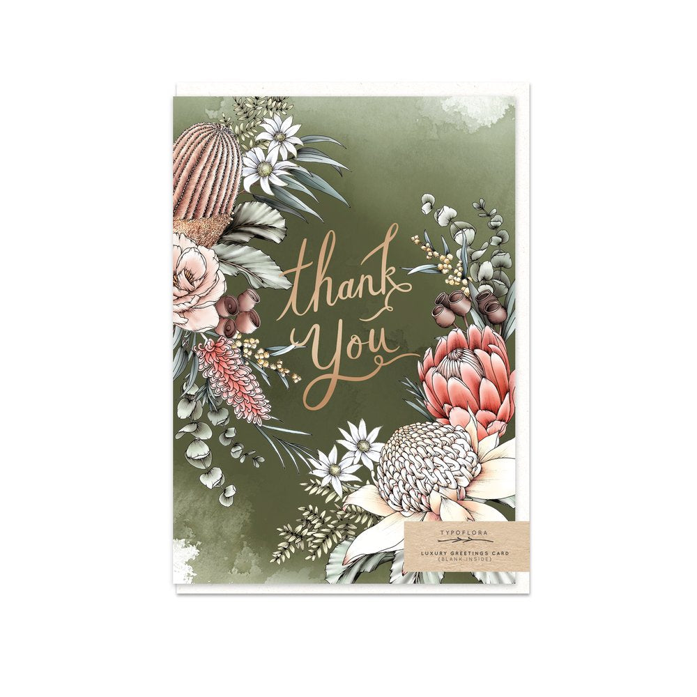 Waratahs and Australian native flowers on a greeting card with the words thank you