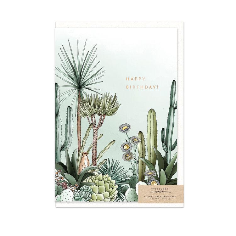 cactus happy birthday greeting card with meerkat