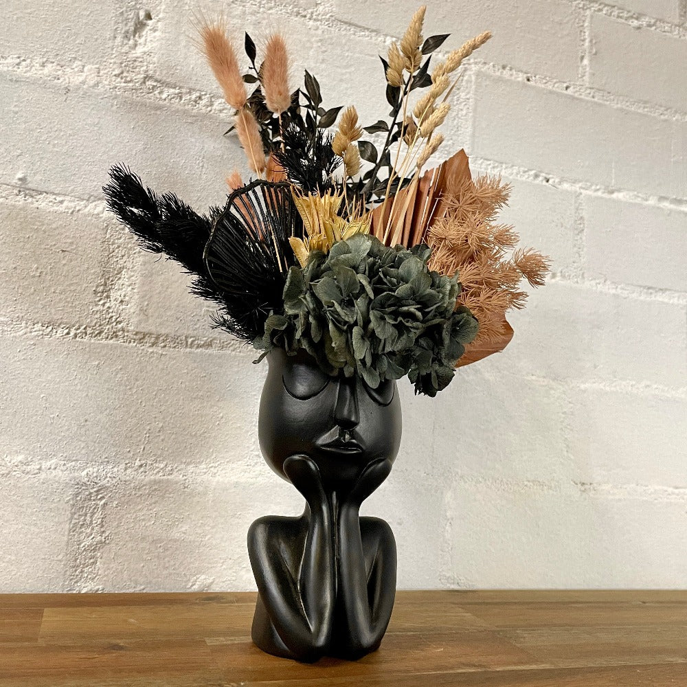 black vase arrangement preserved flowers